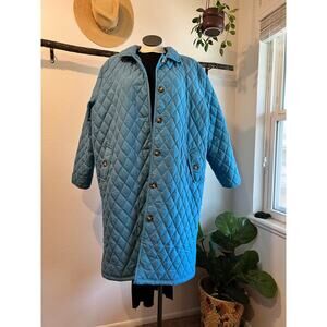 Blue Quilted Long Button Front Pockets Spring To Winter Coat Jacket Size 2XL